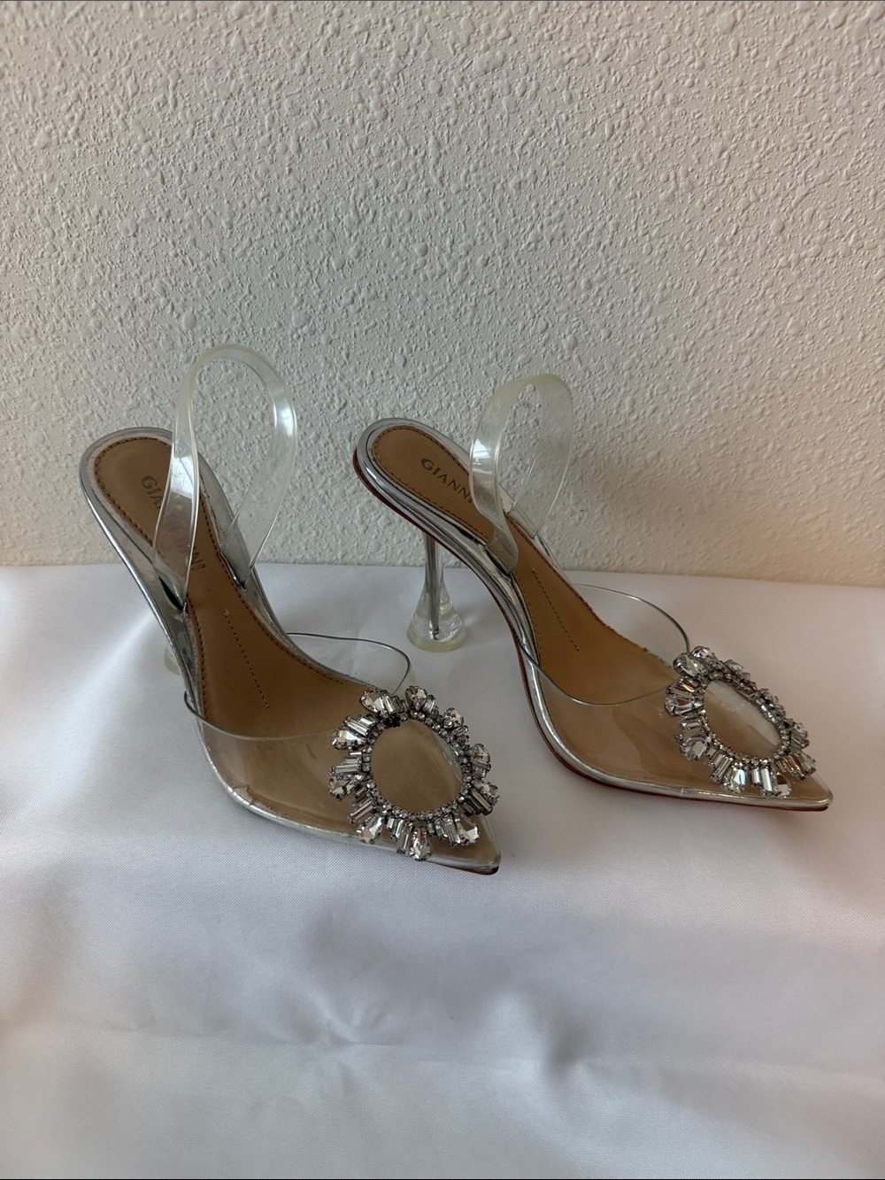 Gianni Bini Clear Slingback Heels with Silver Crystal Brooch